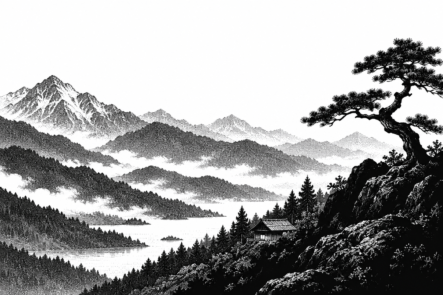 Montañas, un pino y una pequeña cabaña en blanco y negro tramado